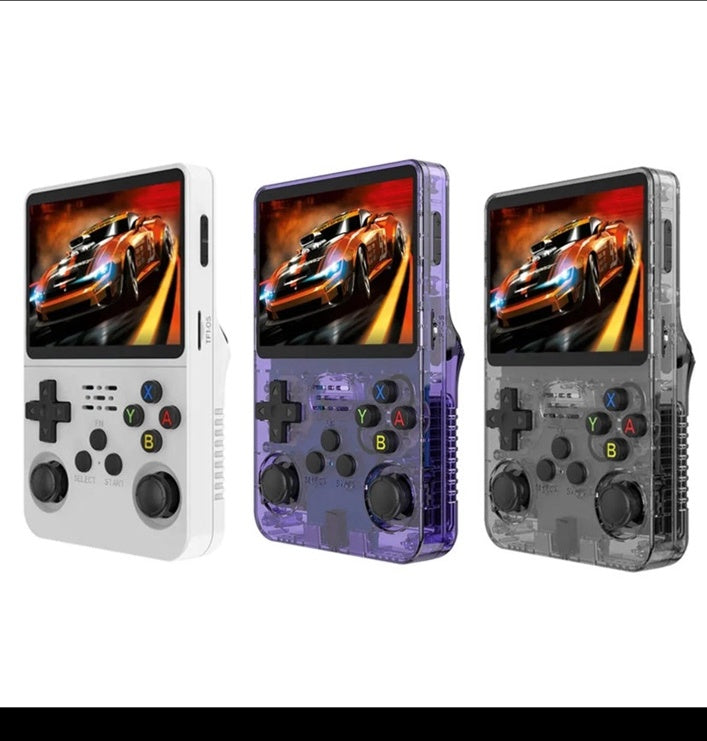 Elevated Gaming Retro Handheld colour options in white, purple and transparent black